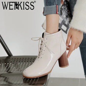 

WETKISS New Cross Strap Women Ankle Boots Round Toe Solid High Shoes Chunky Heel Casual Shoes Faux Fur Winter Thermal Bootie