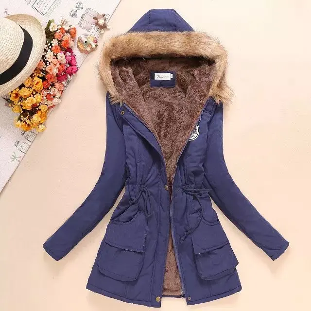 Новинка, Женское пальто Winner, однотонная Базовая куртка, плотное теплое пальто с капюшоном, меховой воротник, приталенная одежда, повседневная женская куртка A1051 - Цвет: Navy