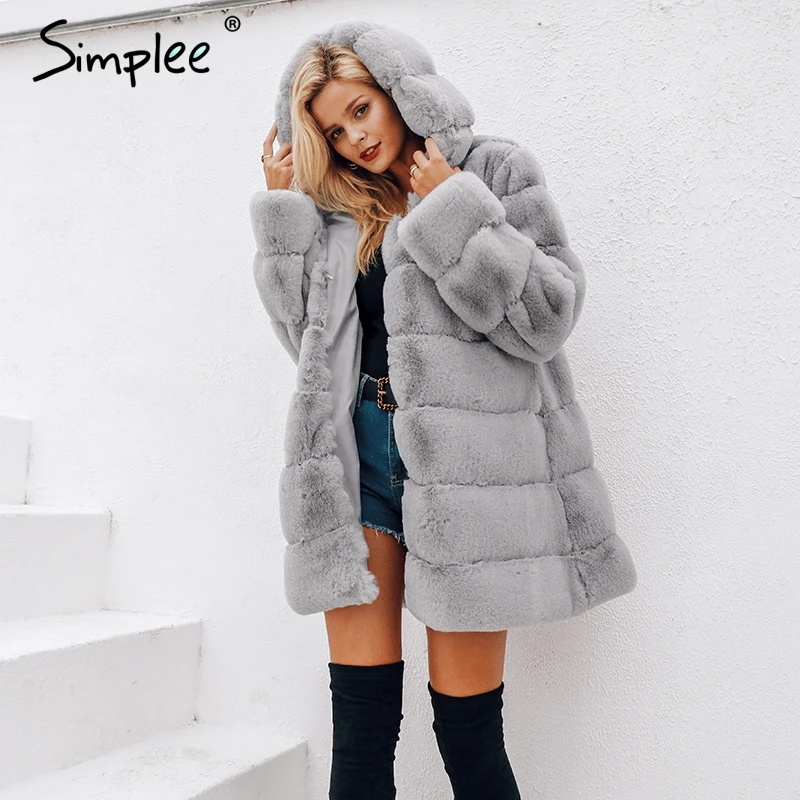 Tanie Simplee Vintage puszysta bluza z kapturem płaszcz ze sztucznego futra kobiety zimowa szara kurtka płaszcz kobieta Plus rozmiar ciepła długa codzienna odzież wierzchnia płaszcz
