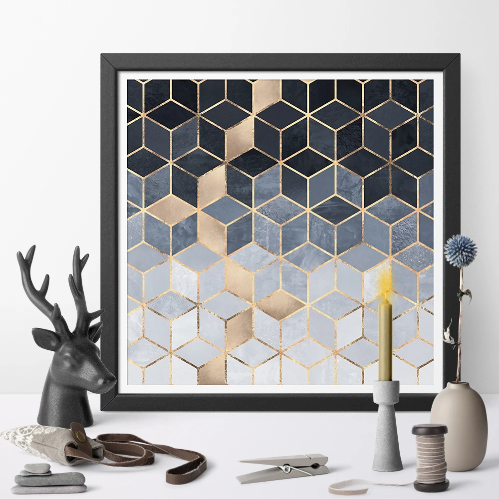 HD Print Square Abstract Block Canvas Painting Soft Blue Gradient Cube Poster Art Wall For Home Decor No Frame | Дом и сад