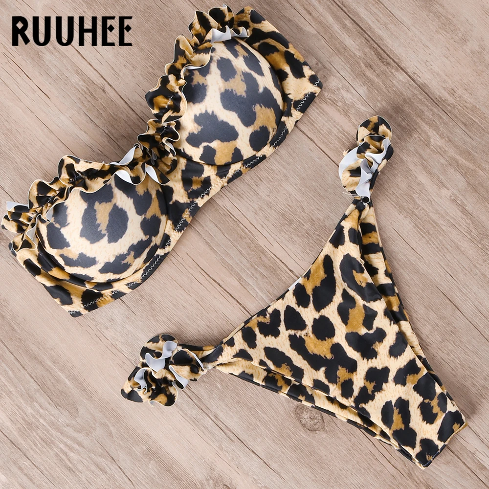 Bikini Bandeau RUUHEE traje de baño para mujer traje de baño Sexy con volantes Bikini conjunto Push Up traje de baño femenino brasileño leopardo bañador 2019