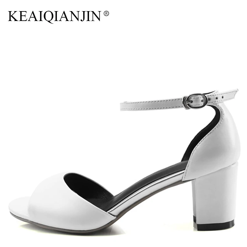 

KEAIQIANJIN Woman Summer White Open Toe Sandal Fashion Black Gladiator Party Shoes Sexy Genuine Leather Pink High Heels Sandals