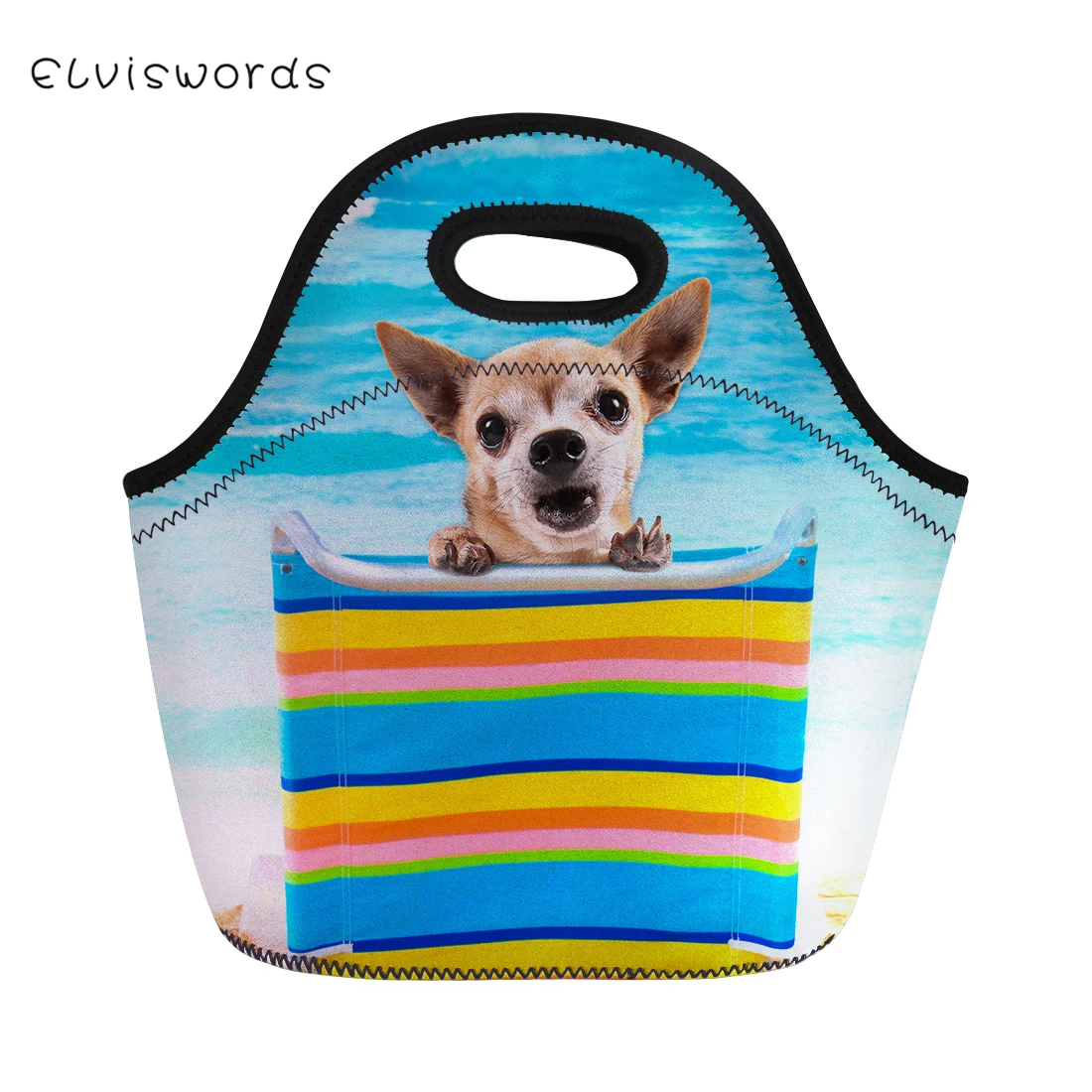 

ELVISWORDS Insulated Lunch Bag for Kids Lovely Beach Dog Printed Lunch Box for Women Tote Girls Picnic Snacks Container Packeed