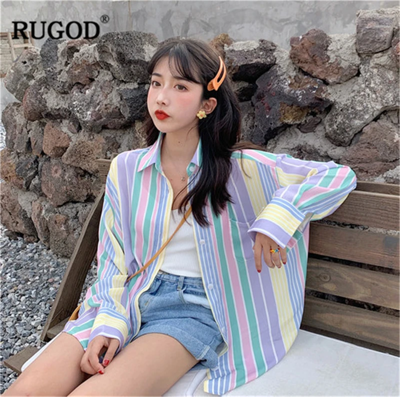 

RUGOD 2019 New Arrival Women Striped Shirt Turn-down Collar Single-breasted Long Sleeves Colorful Loose Blouse Casual Modis Tops