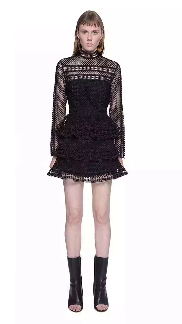 Подиум Desigher платье Автопортрет весенние каскадные Слои Vestidos тонкая Сексуальная кружевная полая длинный рукав торт платья