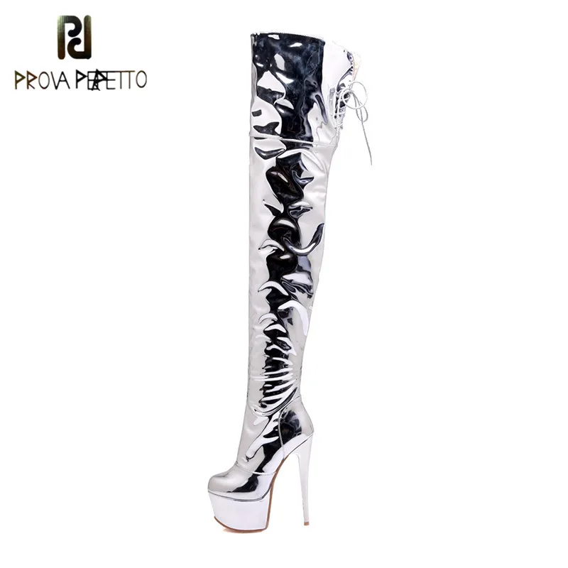 Baratos De talla grande 48 sobre la rodilla botas sexy fetichismo baile club nocturno zapatos de fiesta plataforma de tacón alto mujeres plata muslo botas altas Mujer