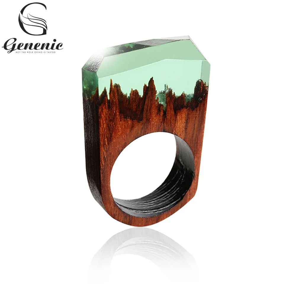 

1PC Handmade Wood Resin Ring With Magnificent Fantasy Secret Magic Landscape Punk Wooden Rings Hip Hop For Women Men Jewelry