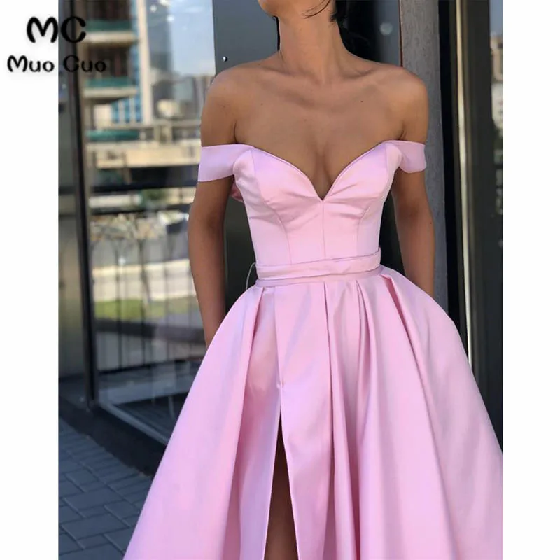Long Satin V-neck Evening Dresses Off-The-Shoulder Prom Gowns423