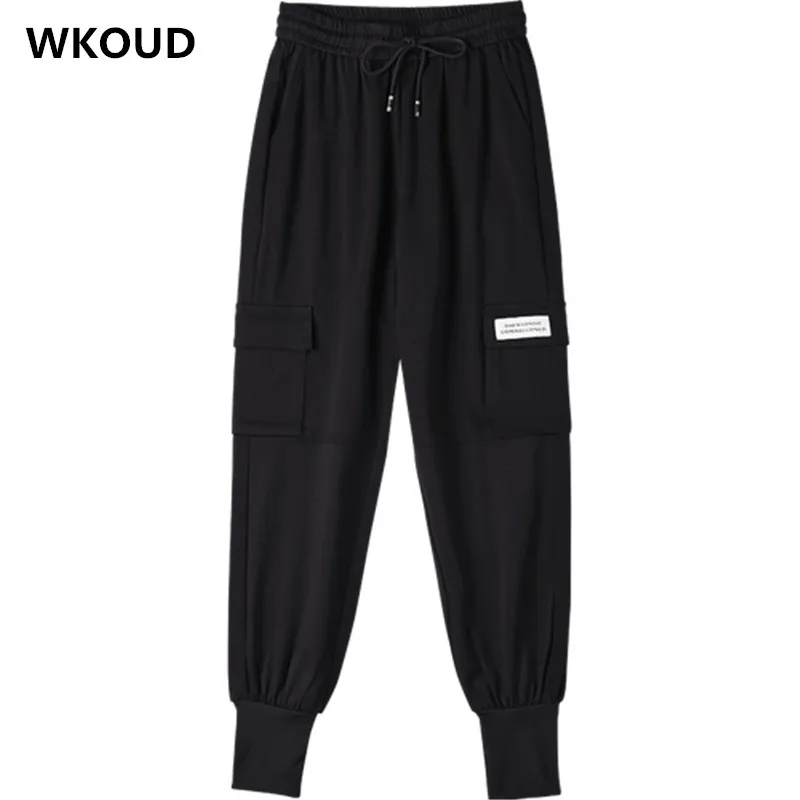 WKOUD Solid Black Cargo Pants Women Harajuku High Waist Drawstring Streetpants Sexy Fashion Sport Trousers Streetwear P8889