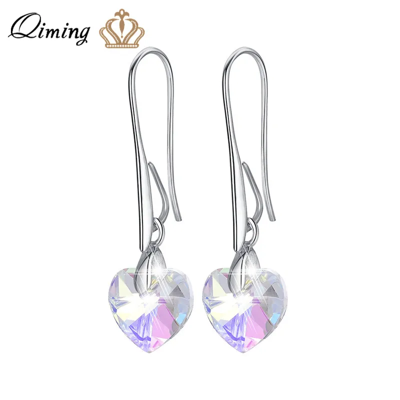 

QIMING Korean Style Love Heart Earrings Women Ladies Stone Crystal Charms Silver Luxury Jewelry Bohemia Dangle Earrings Gift