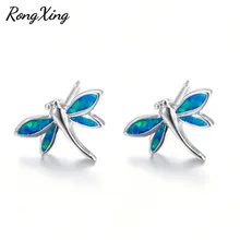 RongXing Яркий Синий/Белый огненный опал стрекоза женские серьги-гвоздики 925 серебро животное серьги из камня подарки