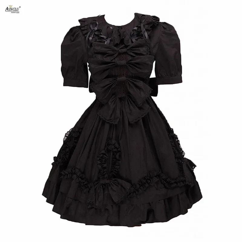 

Womens Gothic Lolita Dress Cotton Black Short Sleeves Bows Lacy Court Lolita Cosplay Party Dress Ainclu XS-XXL Female