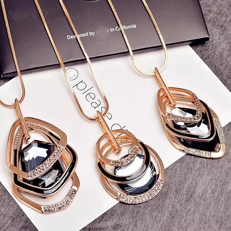 

Brand 2019 New Statement Crystal Pendant Necklace Personality Long Multi-level Geometric Crystal Sweater Chain Women Jewelry
