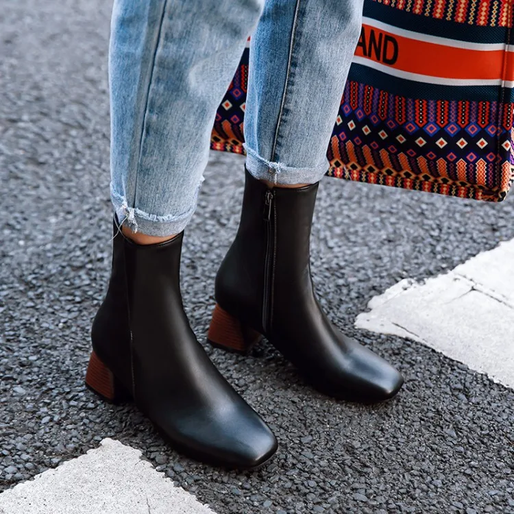 

Big Size 11 12 13 14 15 16 17 18 19 Lady's square head medium thick heel short tube pure color contracted ankle boots