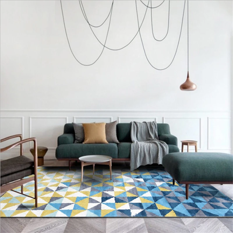 Скандинавские геометрические синие желтые хрустальные бархатные ковры, ковры для спальни, ковры для гостиной, Нескользящие и против морщин напольные коврики