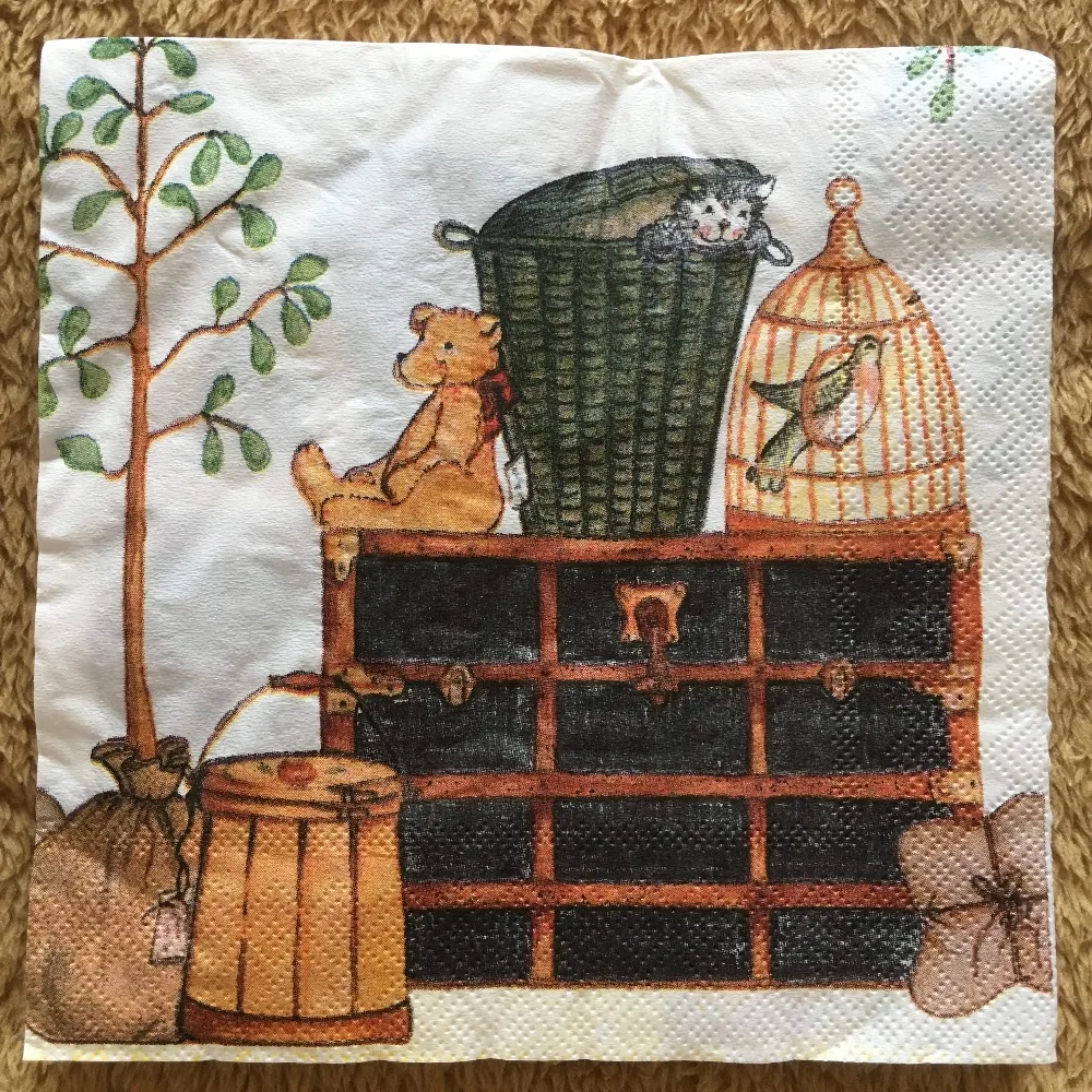 

20 vintage napkin paper tissue cute bear bird cat birdcage tree decoupage wedding kids birthday party Christmas decor serviettes