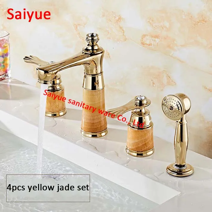 

4pcs Yellow green jade stone rose gold/gold Diamond Handle Bathtub faucet bathroom sink faucet mixer with hand shower widespread