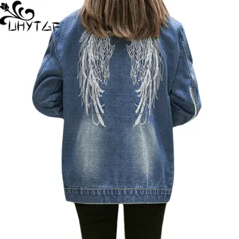 

UHYTGF Female coat 5XL plus size jeans jacket women Fashion embroidery hole autumn denim jacket Casual student coats jaquetas 63