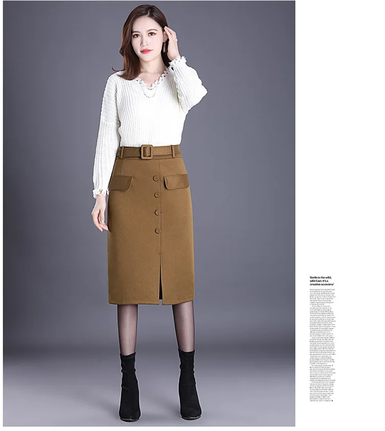 KoHuiJoo M-4XL Осень Зима шерстяные юбки для женщин для элегантный однобортный плюс размеры шерсть офисная юбка карандаш