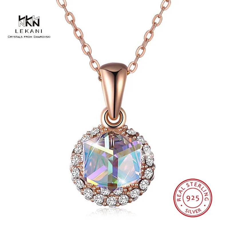 

LEKANI Crystals From Swarovski Necklace 925 Candy double-sided pendant necklace Ladies Rose Gold Gift Necklace Square crystal