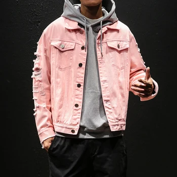 

Autumn New Quality Denim Jackets Men Brand Loose Plus Size Hole Mens Casual Jeans Jacket Long Sleeve Turn Down Collar Coat Mens