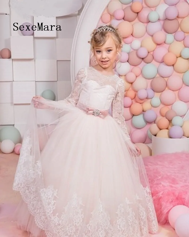 

Ivory White Girls Dresses Lace Long Sleeve Flower Girl Dress Girl Pageant Dress First Communion Gown