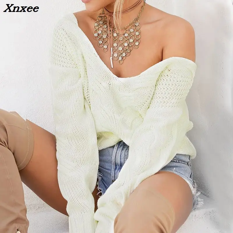 Xnxee Winter Sexy Deep V-Neck Twist Knitted Sweaters Women Long Sleeve Off Shoulder Sweater Femme 2018 Autumn Outwear Sweater Xnxee Winter Sexy Deep V-Neck Twist Knitted Sweaters Women Long Sleeve Off Shoulder Sweater Femme 2018 Autumn Outwear Sweater