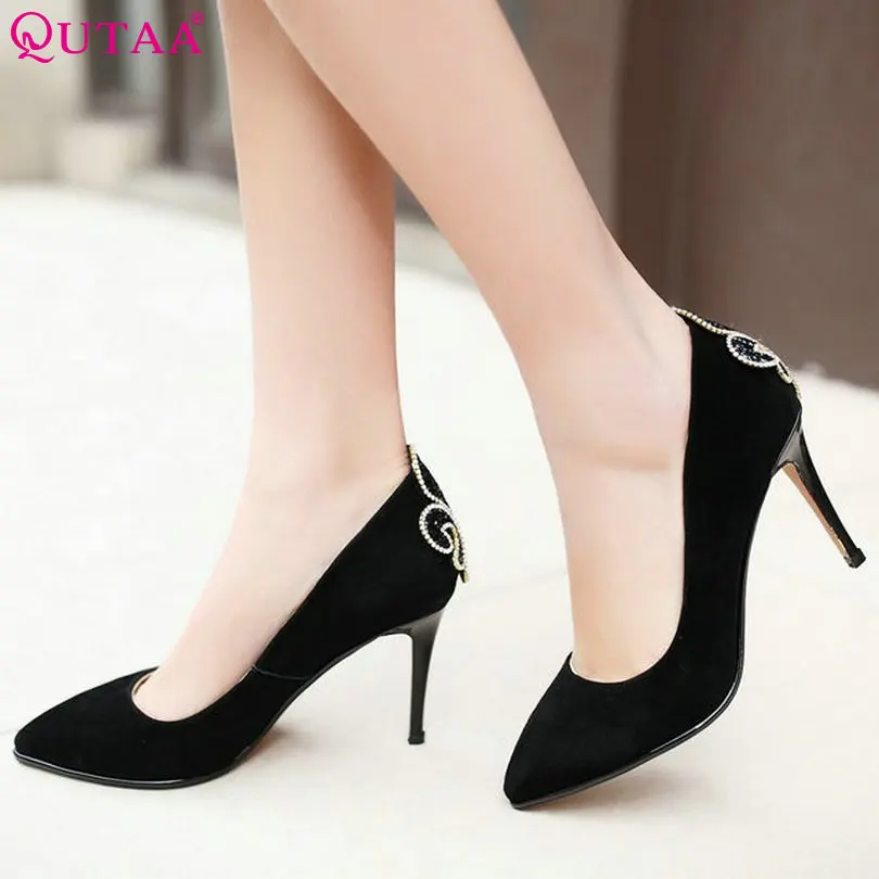 

QUTAA 2015 Genuine Leather Sheepskin Women Pumps Pointed Toe high Heels Shoes Rhinestone Flowers Wedding Party Shoes Size34-42