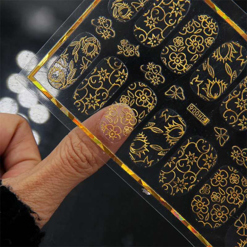 Новинка, 3D золотые наклейки для ногтей, полное покрытие, кружевной цветок, золотой цвет, 8 разных видов, дизайнерские наклейки для ногтей, набор, украшение для маникюра