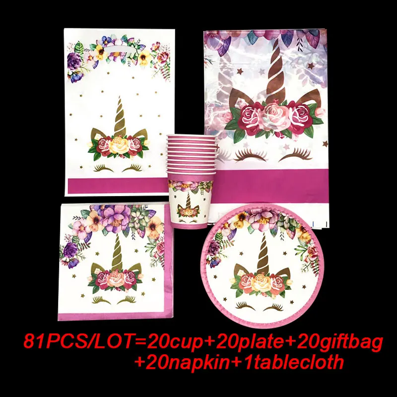 

81PCS/LOT Unicorn party gift bags plates cups napkin for baby shower Unicorn party theme disposable tableware birthday set
