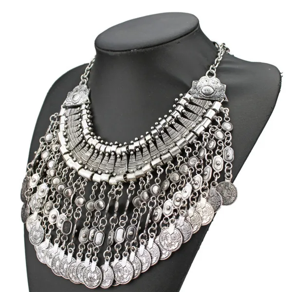festival turkish jewelry 2014 vintage silver coin collar fringe chain necklaces boho statement handmade ethnic | Украшения и
