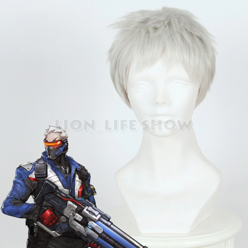 OW Soldier 76 короткие серебристо серые парики для косплея термостойкие волос|Игровые
