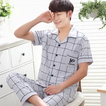 Для мужчин s пижамы летние Изделие из хлопка с короткими рукавами, одежда для сна, Для мужчин сон лаунж-Пижама комплект брюки в клетку