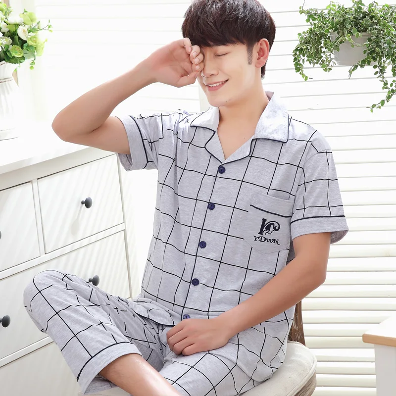 Mens Pyjamas Summer Short Sleeve Cotton Sleepwear Men's Sleep Lounge Pajama Set Trousers Plaid Mens Pyjamas Summer Short Sleeve Cotton Sleepwear Men's Sleep Lounge Pajama Set Trousers Plaid