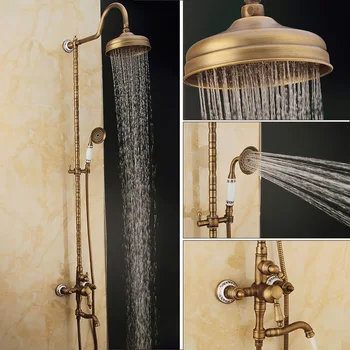 

Bathroom Antique Ceramic and Carved Shower Set Faucet Brass Mixer Tap Dual Handles Rainfall Shower Set Faucet Wall Mount