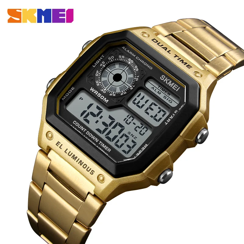 

SKMEI Trend Designer Stainless Steel Men Watch Square Countdown Business Bracelet Clasp Digital Wristwatch Shock Resistant