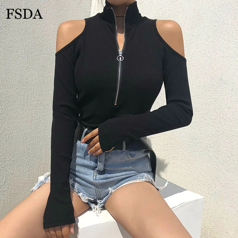 FSDA Zipper Hollow Out Turtleneck Bodysuit Women Black White Winter Long Sleeve Autumn Sexy V Neck Streetwear Body Top Jumpsuit