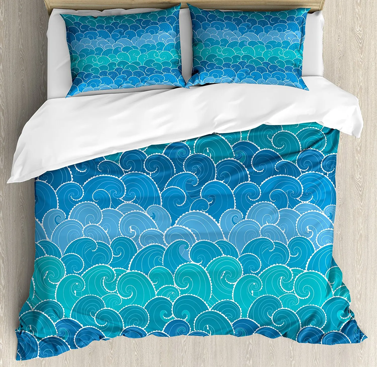 

Nautical Duvet Cover Set Doodle Style Waves with Curvy Lines Ocean Storm Abstract Seascape, Decorative 4 Piece Bedding Set