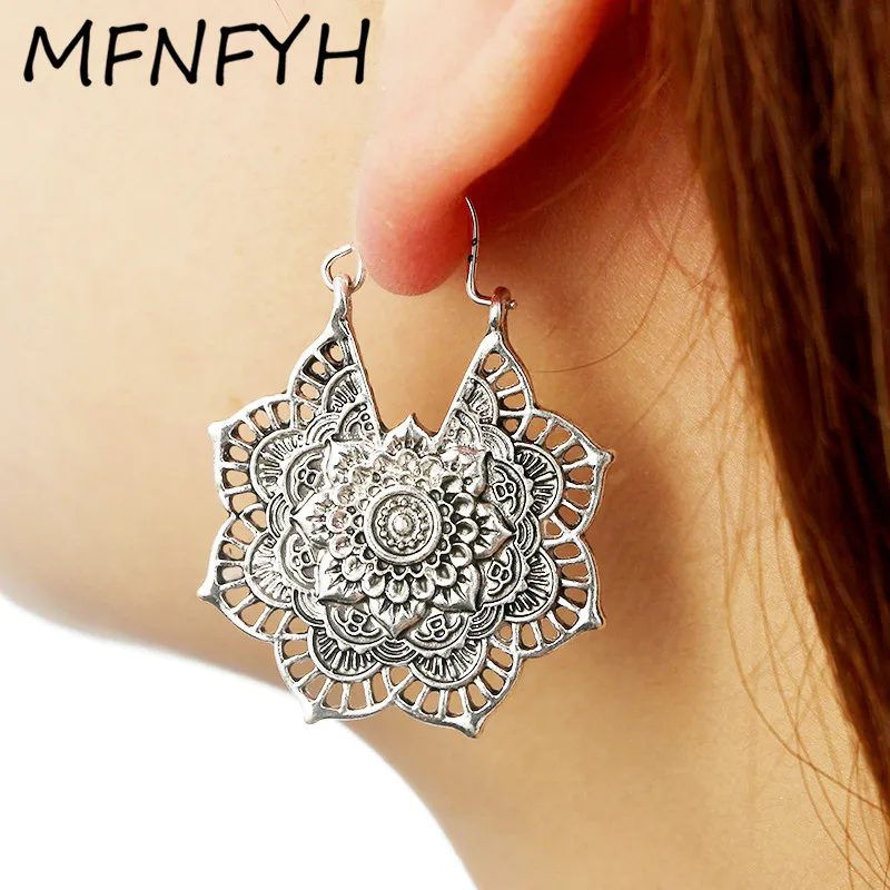 MFNFYH Gypsy Antique Hollow Out Flower Hoop Earrings Women Accessories
