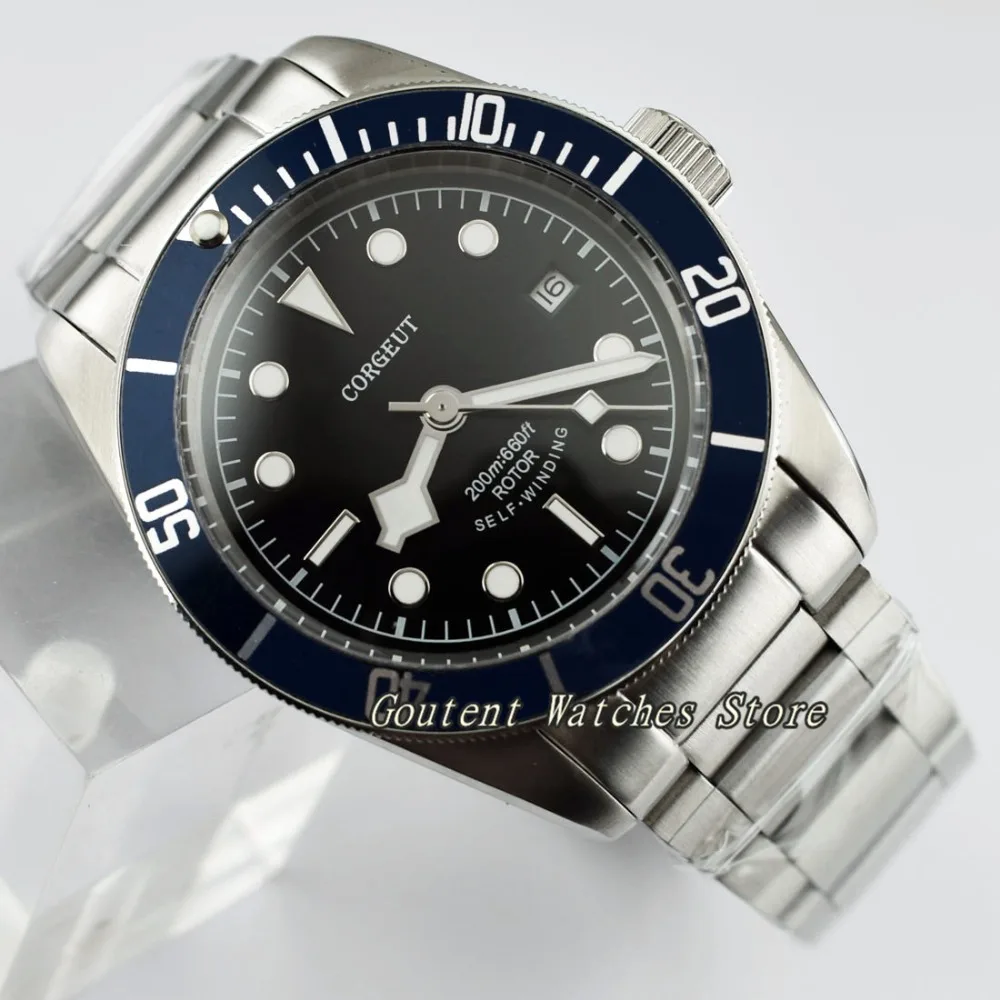 

41mm Corgeut Date Sapphire Glass Black Dial Blue Bezel Automatic Men's Watch