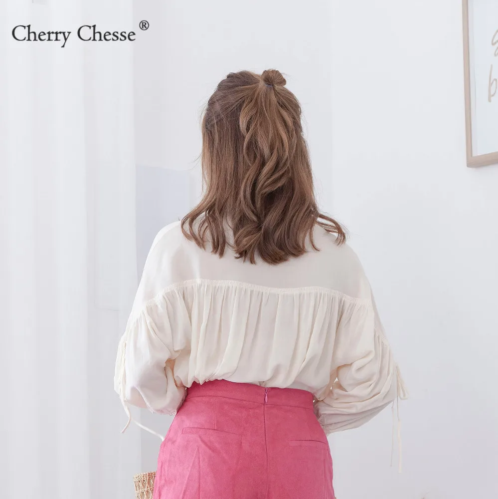 Cherry Chesse 2018 сладкий поясом блузка рубашка Для женщин Фонари рукавами в стиле