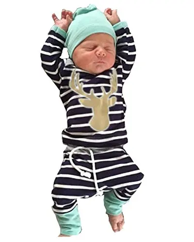 Новая стильная одежда для маленьких мальчиков и девочек Одежда для новорожденных футболка с золотым оленем с длинными рукавами+ штаны+ шапка, комплект из 3 предметов для младенцев - Цвет: as  picture