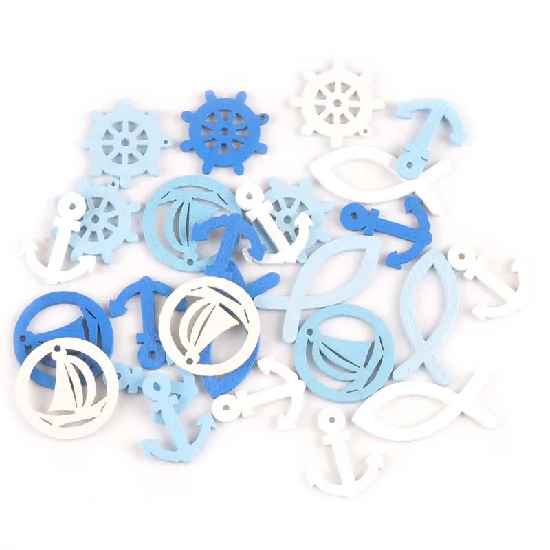 

50pcs Blue Wooden Ornaments Home Decor Accessories For DIY Scrapbook Anchor/ship/rudder Pattern Wood Craft Pendant 20-35mm M1969