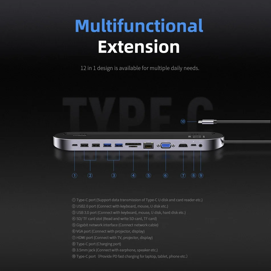Rock 12 IN 1 Type-C Multifunctional Docking Station 100w -9 Rock 12 IN 1 Type-C Multifunctional Docking Station 100w -9
