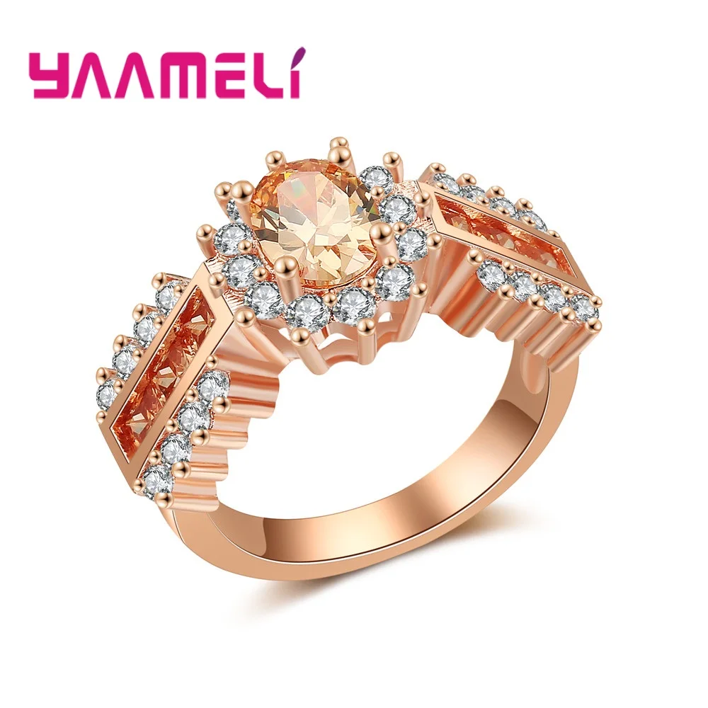 

Sparkling Champagne CZ Cubic Zircon Stone Statement Rock Ring for Women Men Trendy Rose Gold Coated Party Accessories
