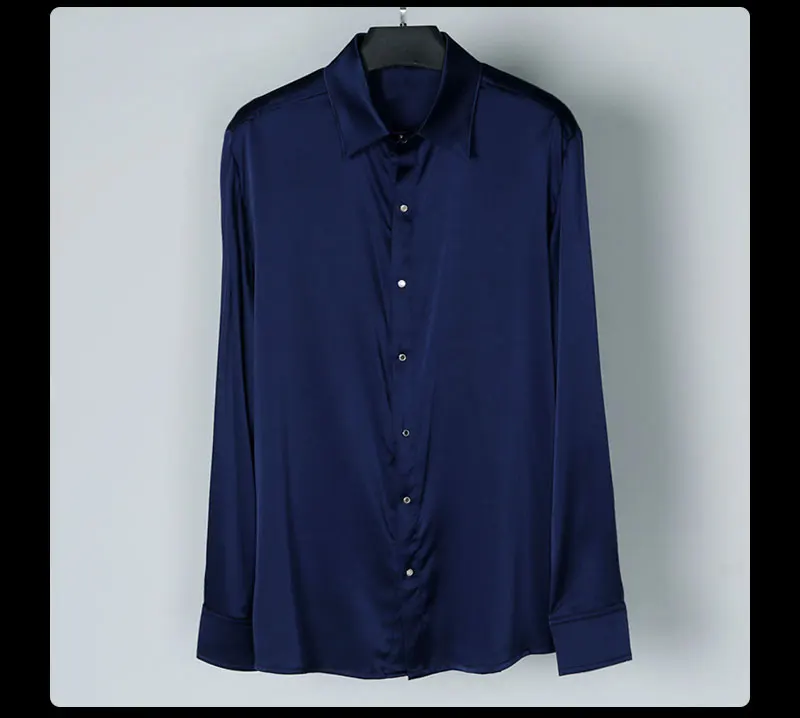 На лето и весну для мужчин белый серый темно синие натуральный шелк атласная рубашка плюс размеры 6XL с длинным рукавом сорочка homm camiseta masculina