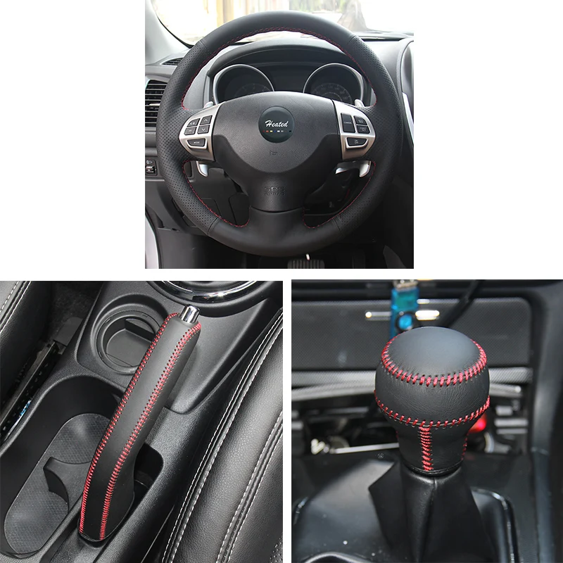 braid on steering wheel ppc case handbrake cover for Mitsubishi Lancer EX Mitsubishi Outlander ASX Colt Pajero Sport  red stitch