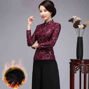 

Oversize 5XL Winter Autumn New Plus Velvet Women Tang Clothes Chinese Vintage Mandarin Collar Shirt Elegant Slim Blouse Clothing