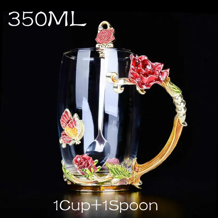 1cupspoon Красная роза, эмалированное стекло, кофейные кружки чашки для чая и кружки, ручной работы, термостойкие стаканы, стакан для воды, посуда для напитков, подарок для влюбленных, свадебная чашка - Цвет: 1cupspoon