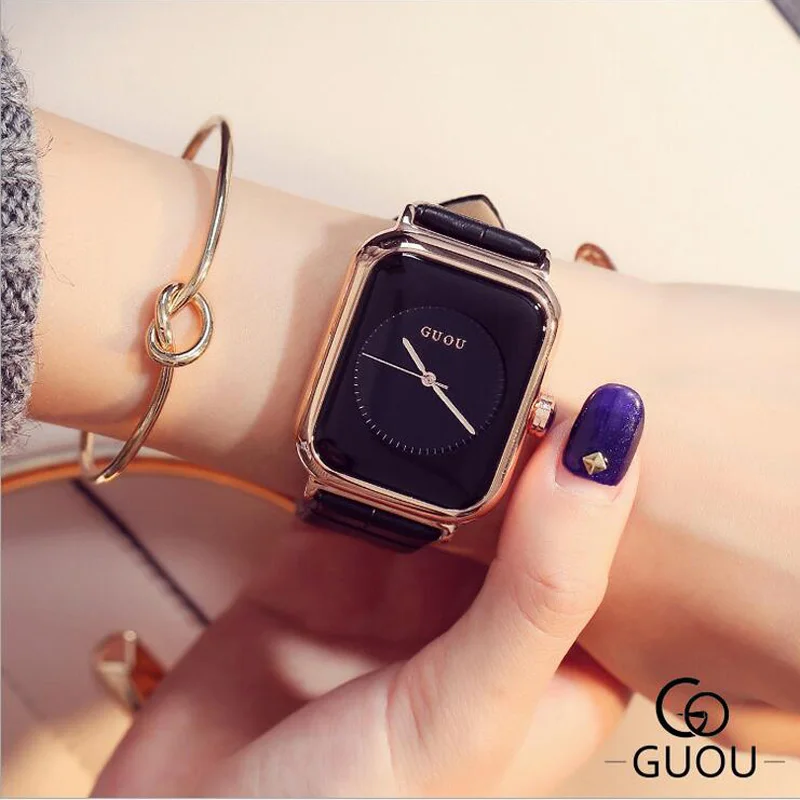 GUOU женские часы Vogue прямоугольные женские часы из мягкой натуральной кожи кварцевые женские часы reloj mujer relogio feminino - Цвет: black